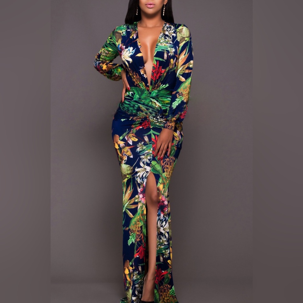 Printed Plunge Neck Leg Split Maxi Dress